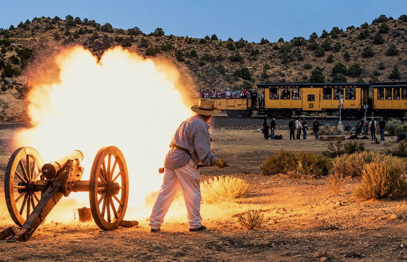 A man in a beige shirt and hat fires a large antique cannon as a bright flame erupts, with a yellow train and spectators in the background.